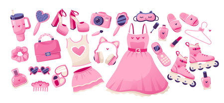 Barbiecore set with cute pink accessories and clothes. Glamorous things dolls. Vector illustrationのイラスト素材