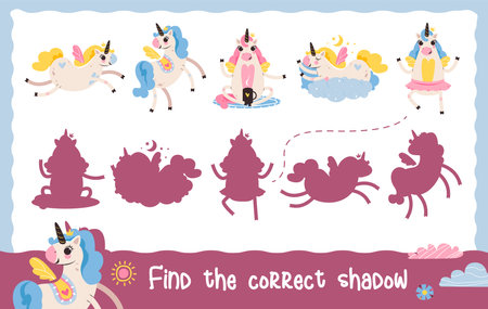 Find the correct shadow with a unicorns. Educational game for children. Cartoon vector illustrationのイラスト素材