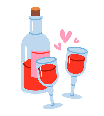 Bottle of wine and glasses. Love concept. Vector illustrationのイラスト素材