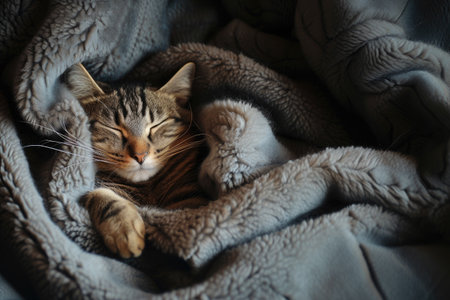 Domestic cat sleeps in a soft cozy blanket. Caring for a pet. horizontal bannerの素材