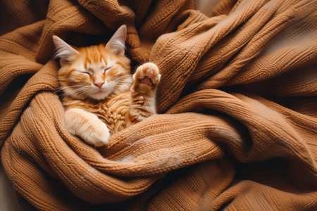 Domestic ginger cat sleeps in a soft cozy blanket. Cute red kitten.の素材