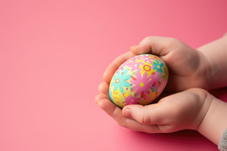 Cute colorful Easter egg in the hands of a child. Minimalistic Easter banner with copy space.の素材