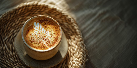 A cup of aromatic coffee with cinnamon on a wicker stand. Banner with copy spaceの素材