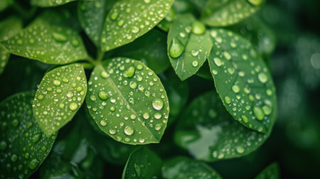 Leaves on a tree with drops of waterの素材