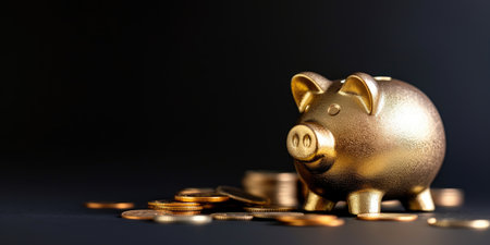 Golden piggy bank on a dark luxury background with coins. Business concept banner with with copy space.の素材