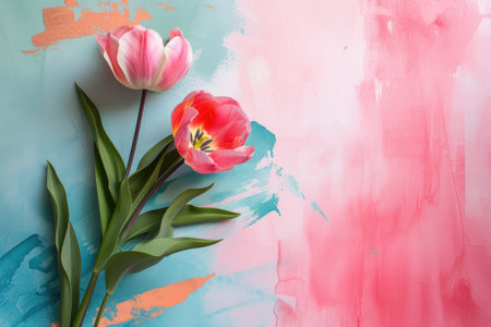 Tulips flowers on abstract colorful background with paint strokesの素材