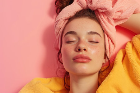 Satisfied young woman in home clothes on an empty pink background with copy spaceの素材