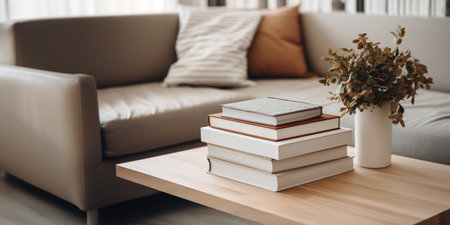 A stack of books with a vase of flowers on a table in a minimalist bright living room interior.の素材