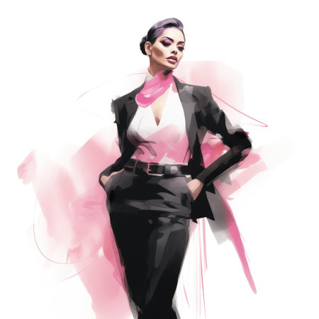 Business woman in fashion illustration style in black and pink tones and watercolor paint strokes.の素材
