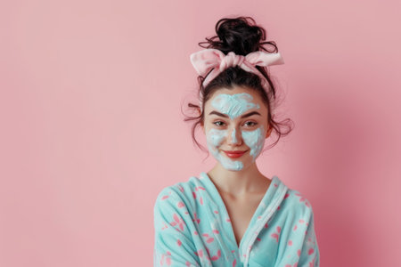 Happy young woman in pajamas and with cream on her face. Self care concept banner with copy spaceの素材