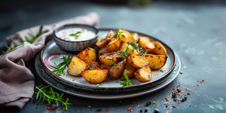 Roasted potatoes with herbs and sauce on an elegant plate on a gray stone background with space for textの素材