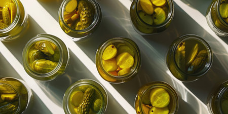 Open glass jars of pickles. Canned vegetables concept banner with copy spaceの素材