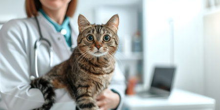 Veterinarian holding a cat in his arms. Cat at the doctor's appointment. Pet health.の素材