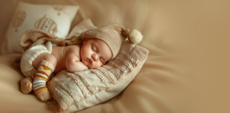 Sleeping baby in a knitted hat and socks on a neutral beige background with copy spaceの素材