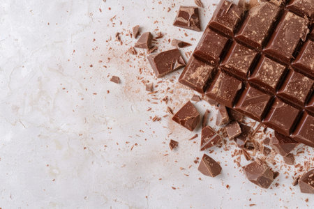 Dark chocolate bar broken into pieces on a light background with copy spaceの素材