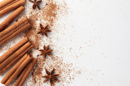 Cinnamon sticks on a white background with copy spaceの素材