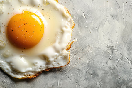 Close up of a fried egg on a gray background with copy space. Healthy breakfastの素材