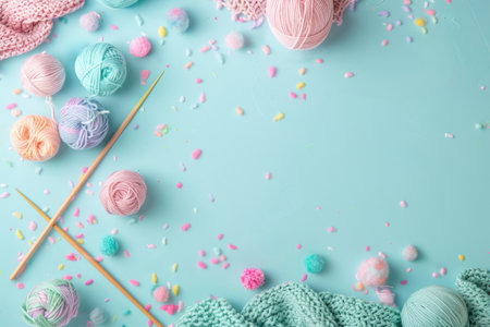 Balls of yarn for knitting or needlework on a pastel background with copy spaceの素材