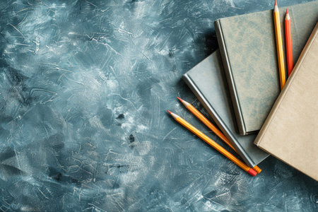 Textbooks, books and pencils on a chalk board surface with copy spaceの素材