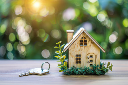Model of a house with keys on wooden background. Renting house and real estate concept.の素材