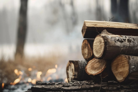 Firewood against the background of a forest and a fire. Log trunks piles, logging, wood processing industryの素材