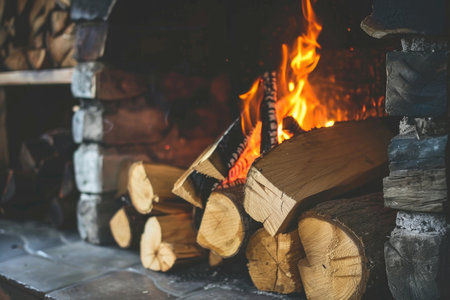 Firewood against the backdrop of a cozy fireplace and fireの素材