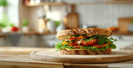 Sandwich against the backdrop of a light kitchen. Healthy breakfast banner with copy spaceの素材