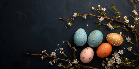 Easter decorated eggs on a dark luxurious background with flowers. Easter banner with copy spaceの素材