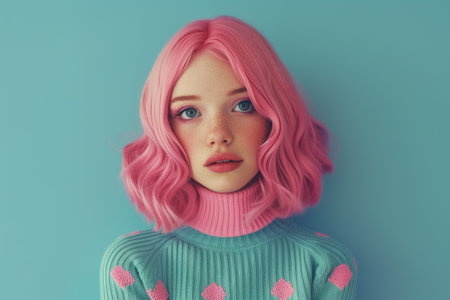 Cute girl with pink hair in a blue sweater on an empty blue background with copy spaceの素材