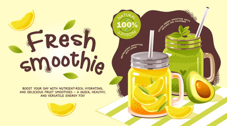 Advertising banner with fruit cocktails. Poster template with summer drinks and detox smoothies.のイラスト素材