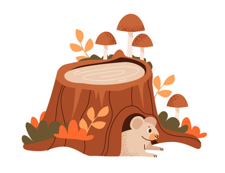 Stump of trees with mushrooms. Animal in hole and burrow. Flat vector illustrationのイラスト素材