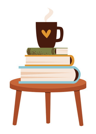 A stack of books on a coffee table with a cup of hot drink. Flat vector illustration isolated on white background.のイラスト素材