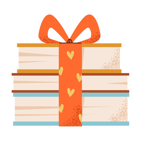 A stack of books tied with a festive ribbon. Cute gift books isolated on white background. Flat vector illustration.のイラスト素材