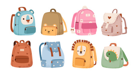 School backpacks set isolated on white background. Cute schoolbags for kids. Flat vector illustration.のイラスト素材