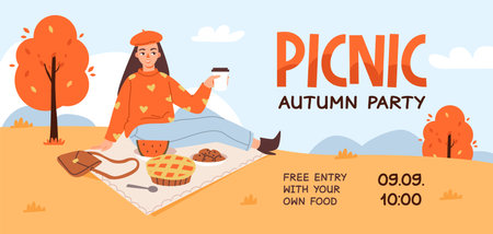 Advertising banner for autumn picnic in nature. A woman relaxes on a picnic with delicious food and a blanket. Flat vector illustration.のイラスト素材
