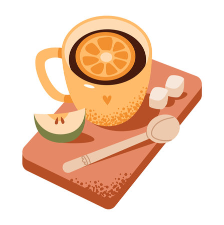 A cup of tea with lemon and a slice of apple. Flat vector illustration isolated on white background.のイラスト素材