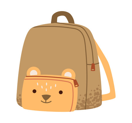 School backpack with teddy bear face isolated on white background. Cute schoolbag for kids. Flat vector illustration.のイラスト素材