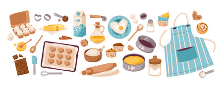 Bakery ingredients set. Homemade cooking, pastry preparation. Flat vector illustration.のイラスト素材