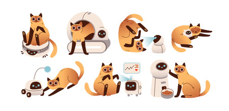 Electronic devices for pet. Interactive cat toys, pet gadgets, automated feeder and selfcleaning litter box. Flat vector illustration of cute cat and technology.のイラスト素材