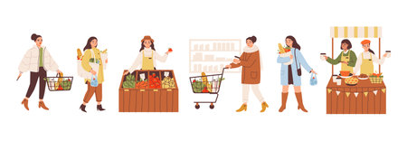 Local farm seller offering fresh vegetables. Woman with shopping for organic produce. Sustainable retail and organic food sales. Flat vector set.のイラスト素材