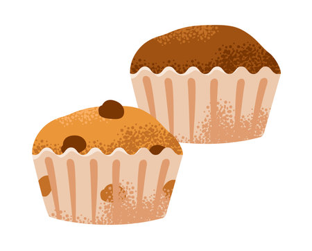 Assorted cupcakes isolated on a white background. Muffins with vanilla and chocolate. Baking flat illustration.のイラスト素材
