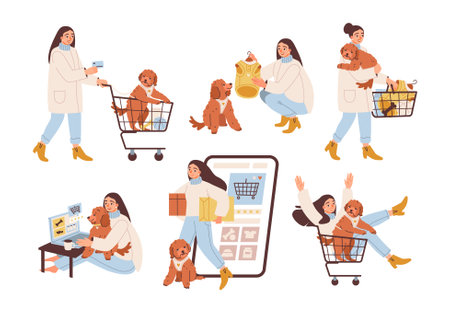 Woman shopping with dog in a store. Shopper and pet buying clothes and accessories. Pet care, retail activities, and pets and owners. Flat illustration.のイラスト素材