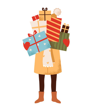 A woman with a stack of gifts in her hands. Holiday character with wrapped surprise boxes. Flat illustration.のイラスト素材