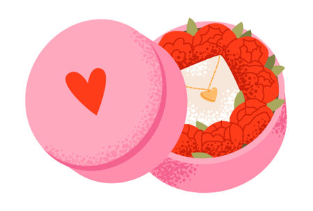 Romantic vector illustration of a jewelry box with a bouquet. Elegant floral elements, a pendant, and a gift for Valentine's Day or special celebrationsのイラスト素材