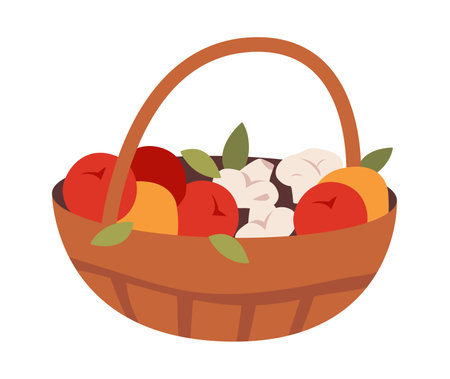 Basket with fresh organic vegetables. Sustainable farming, healthy eating, and eco-friendly agriculture. Flat vector illustrationのイラスト素材