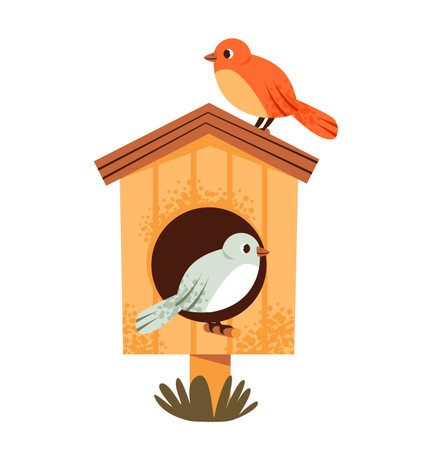 Cozy birdhouse with a small birds. Springtime, nature, and outdoor. Flat vector illustrationのイラスト素材