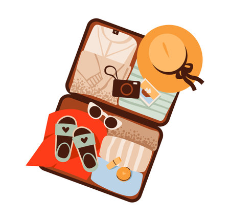 Travel bag and essential items. Travel suitcase with packed clothing, accessories. Suitcase, hat, passport, and camera, for packing checklists, and tourism promotionsのイラスト素材