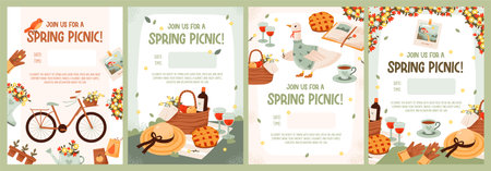 Spring picnic party invitation template set. Picnic baskets filled with goodies against a vibrant spring backdrop. Flat vector illustrationのイラスト素材