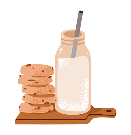 Homemade cookies with chocolate and milk. Flat vector illustration of a cookie treat and bottle of milk for breakfastのイラスト素材