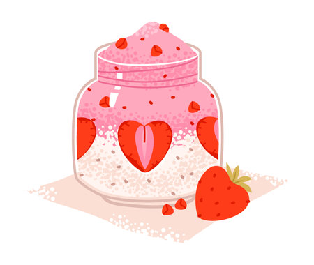 Strawberry smoothie in a fresh tropical style with juicy berries and a creamy texture. Refreshing fruit drink with strawberries, blended cream, and organic ingredients. Flat vectorのイラスト素材